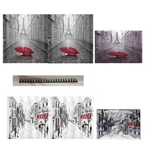 LOT of 2 Extra-Wide Parisian Shower Curtains w/Bath Mats & Eiffel Tower Hooks